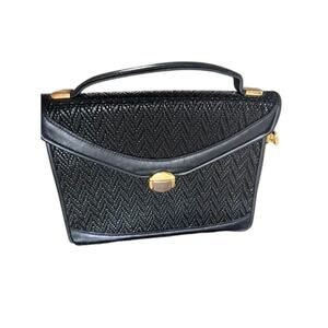 Vintage Greg Roche Black Woven Structured Top Handle Bag Gold Clasp